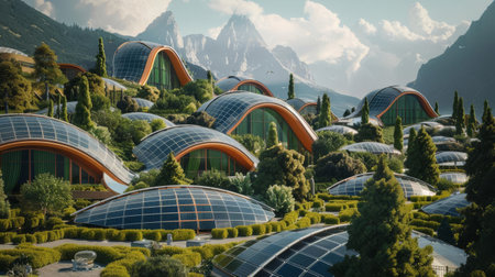 A solar farm powering a futuristic, netzero energy community built in harmony with natureの素材