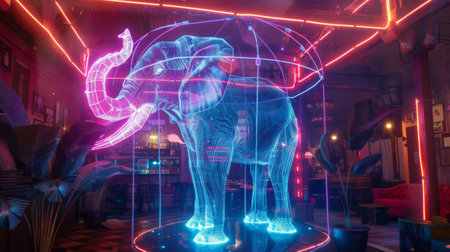 An interactive steampowered arcade machine where players control neon elephants through hoopsの素材