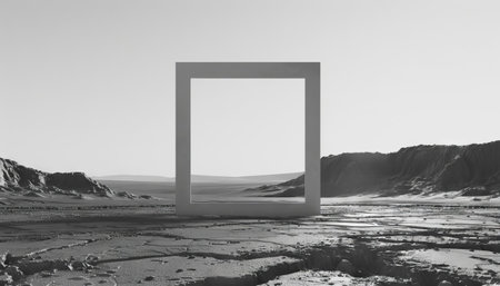 An empty square frame suspended over a monochrome desert, giving an illusion of space and timeの素材