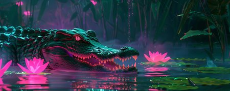 The glowing lilies create a natural barricade that guides prey directly into the cyberpunk alligator s jaws in the neon swampの素材