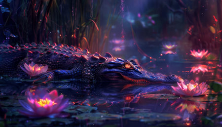 Glowing lilies floating serenely across a neonlit swamp, reflecting the light off a cyberpunk alligator s metallic scalesの素材