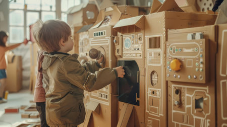 Kids building a spaceship out of cardboard boxes, complete with drawnon control panels and space helmetsの素材