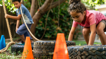 Kids building an obstacle course in the backyard, using old tires, ropes, and cones to create challengesの素材