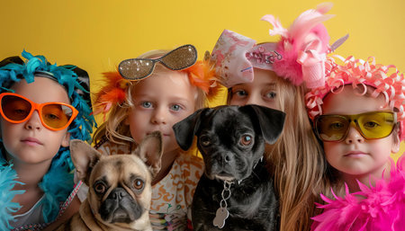 Kids dressing up their pets in silly costumes for a photoshoot, imagining they are models in a fashion magazineの素材
