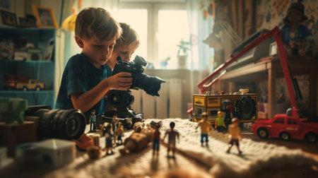 Kids using their parents camera to make a stopmotion movie with action figures, building elaborate sets and storylinesの素材