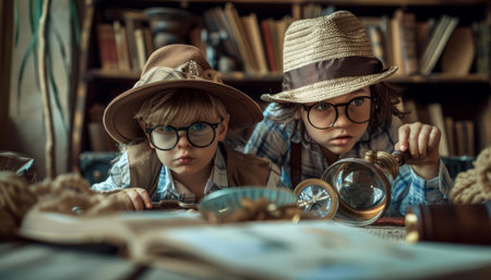 Kids having a scavenger hunt with clues leading to hidden treasures, pretending they are detectives solving a mysteryの素材