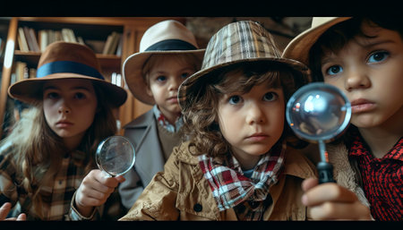 Kids having a scavenger hunt with clues leading to hidden treasures, pretending they are detectives solving a mysteryの素材