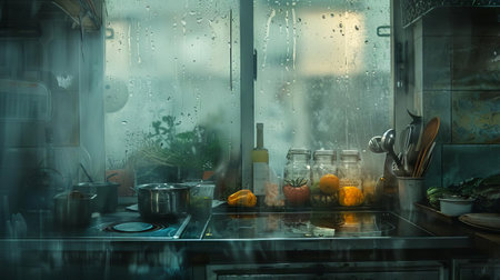 A kitchen scene through frosted glass, with cooking utensils and vegetables softly blending into an indistinct still lifeの素材