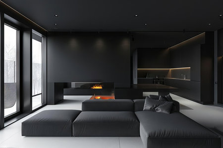 A modern minimalist interior in monochrome black, with geometric shapes and stark contrastsの素材