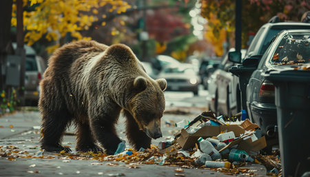 A bear rummaging through a citys residential garbage bins, unfazed by passing carsの素材