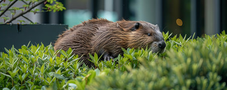 A beaver gnawing through a decorative shrub in front of a corporate building, looking for foodの素材