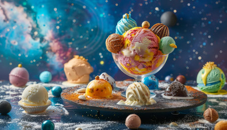 A creative dessert display featuring ice cream scoops styled like planets in a galaxyの素材
