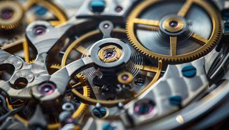 A closeup of a complex watch movement, gears reflecting the changing light of day and nightの素材