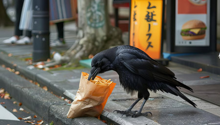 A crow using its beak to open a fastfood bag outside a convenience storeの素材