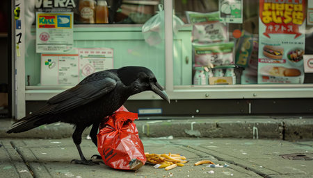A crow using its beak to open a fastfood bag outside a convenience storeの素材