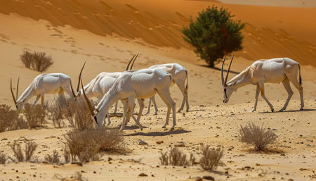 A herd of wild Arabian oryx grazing on sparse desert vegetation, blending in with the sandの素材