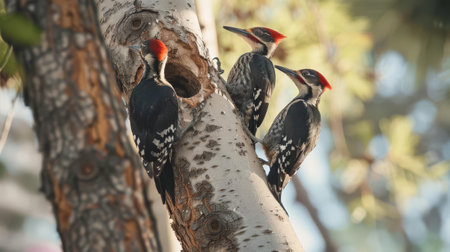 A family of woodpeckers drumming on the trunks of decorative trees lining an urban boulevardの素材