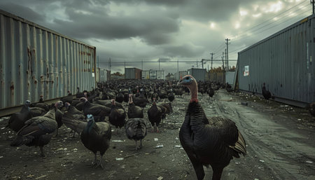 A flock of wild turkeys wandering across an industrial estate, using shipping containers for shelterの素材