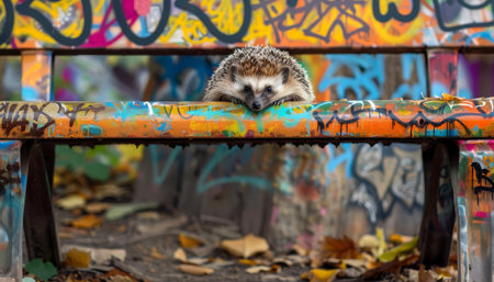 A hedgehog sleeping under a graffiticovered bench, safe from passing footstepsの素材
