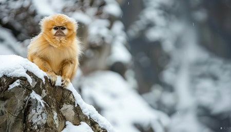 A golden snubnosed monkey posing high up in the snowy mountains, its fur shiningの素材