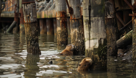 A muskrat exploring the urban waterfront, diving among the old pilings as ferries pass byの素材