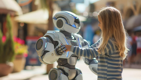 A humanoid robot entertaining children at a theme park by telling stories and playing interactive gamesの素材