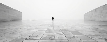 A monochrome photo of one person standing in a minimalist plazaの素材