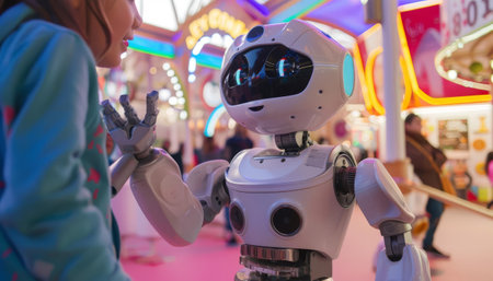 A humanoid robot entertaining children at a theme park by telling stories and playing interactive gamesの素材