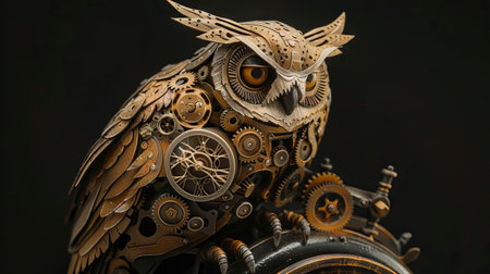 A mechanical owl perched atop an ornate clock, gears visible through its body as it ticks in harmonyの素材