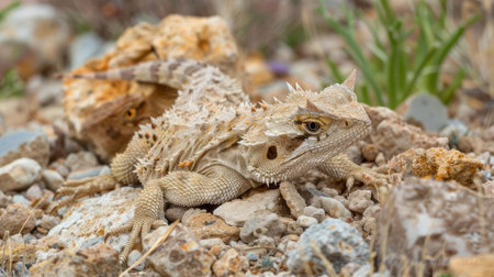A horned lizard camouflaging perfectly into the rocky desert ground as it evades predatorsの素材