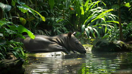 A Malayan tapir enjoying a peaceful bath in a tropical stream, surrounded by lush greeneryの素材