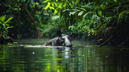 A Malayan tapir enjoying a peaceful bath in a tropical stream, surrounded by lush greeneryの素材