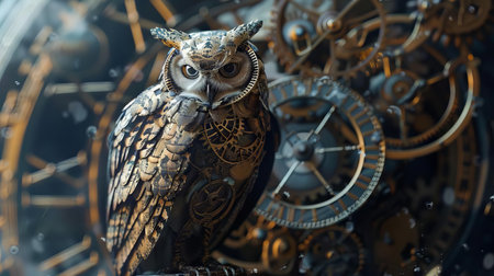 A mechanical owl perched atop an ornate clock, gears visible through its body as it ticks in harmonyの素材