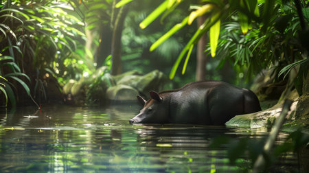 A Malayan tapir enjoying a peaceful bath in a tropical stream, surrounded by lush greeneryの素材