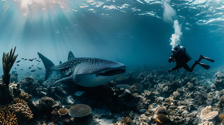 A massive whale shark gently filtering plankton near a coral reef, allowing divers to observeの素材