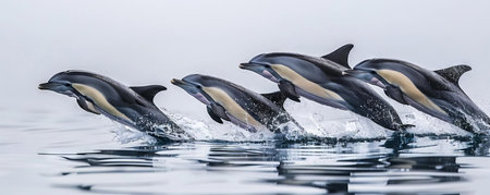 A playful dolphin pod racing each other, leaping out of the water in perfect unisonの素材