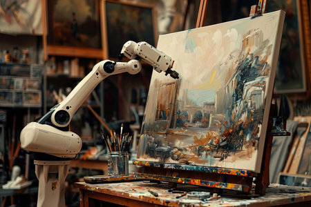 A robotic arm painting a masterpiece on a traditional canvas, symbolizing the fusion of art and technologyの素材