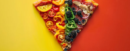 A pizza slice styled like a stainedglass window, with colorful toppings arranged symmetricallyの素材