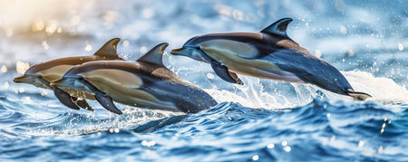 A playful dolphin pod racing each other, leaping out of the water in perfect unisonの素材