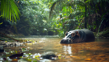 A pygmy hippo basking in a shallow riverbed under the rainforest canopyの素材