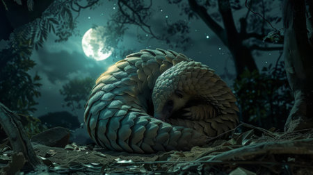A pangolin curled into a ball for protection while resting under the moonlit treesの素材