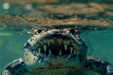 A saltwater crocodile lurking just below the water s surface, its jaws opening slowlyの素材