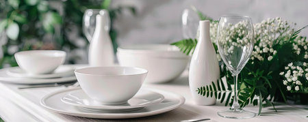 A series of simple, elegant dinnerware arranged on a plain dining tableの素材