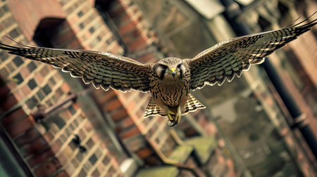A kestrel diving from a building ledge to catch its prey, blending with urban life like a phantomの素材