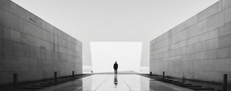 A monochrome photo of one person standing in a minimalist plazaの素材