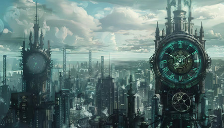 A cityscape where clock towers stand tall, with gears and cogs visible through their glass exteriorsの素材