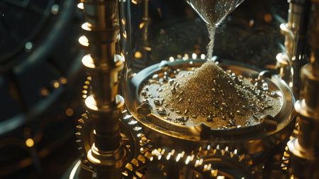 A closeup of an hourglass where gears grind sand into fine particles, trickling slowly throughの素材