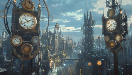 A cityscape where clock towers stand tall, with gears and cogs visible through their glass exteriorsの素材