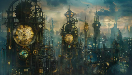 A cityscape where clock towers stand tall, with gears and cogs visible through their glass exteriorsの素材