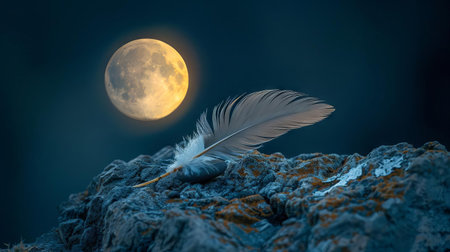 A feather resting on a weathered stone, with the moon rising behind it like a guiding beaconの素材